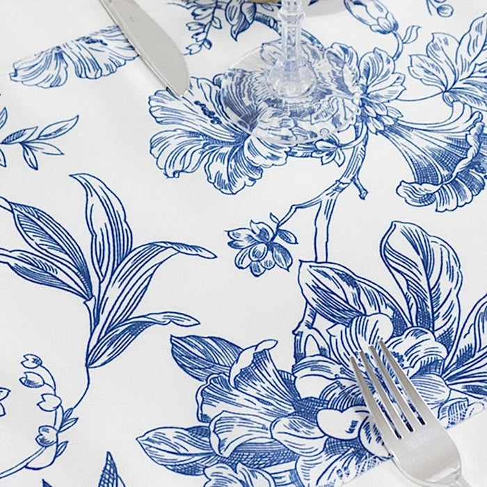 12" x 108" Polyester Table Runner with Blue French Toile Floral Print - White RUN_PLY_FLORFT_BLUE