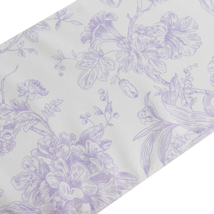 12" x 108" Polyester Table Runner with Blue French Toile Floral Print - White RUN_PLY_FLORFT_LAV
