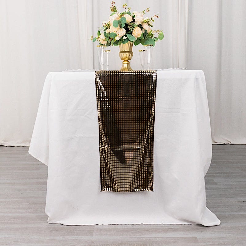 12" x 108" Shiny Foil Linen Table Runner Disco Mirror Ball Theme - Black and Gold RUN_25A_BLKGD