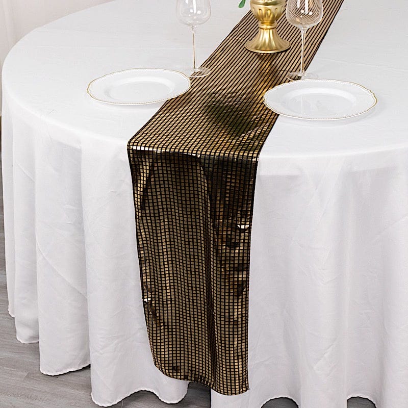12" x 108" Shiny Foil Linen Table Runner Disco Mirror Ball Theme - Black and Gold RUN_25A_BLKGD