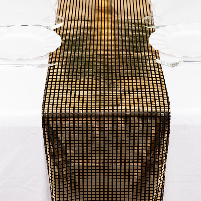 12" x 108" Shiny Foil Linen Table Runner Disco Mirror Ball Theme - Black and Gold RUN_25A_BLKGD