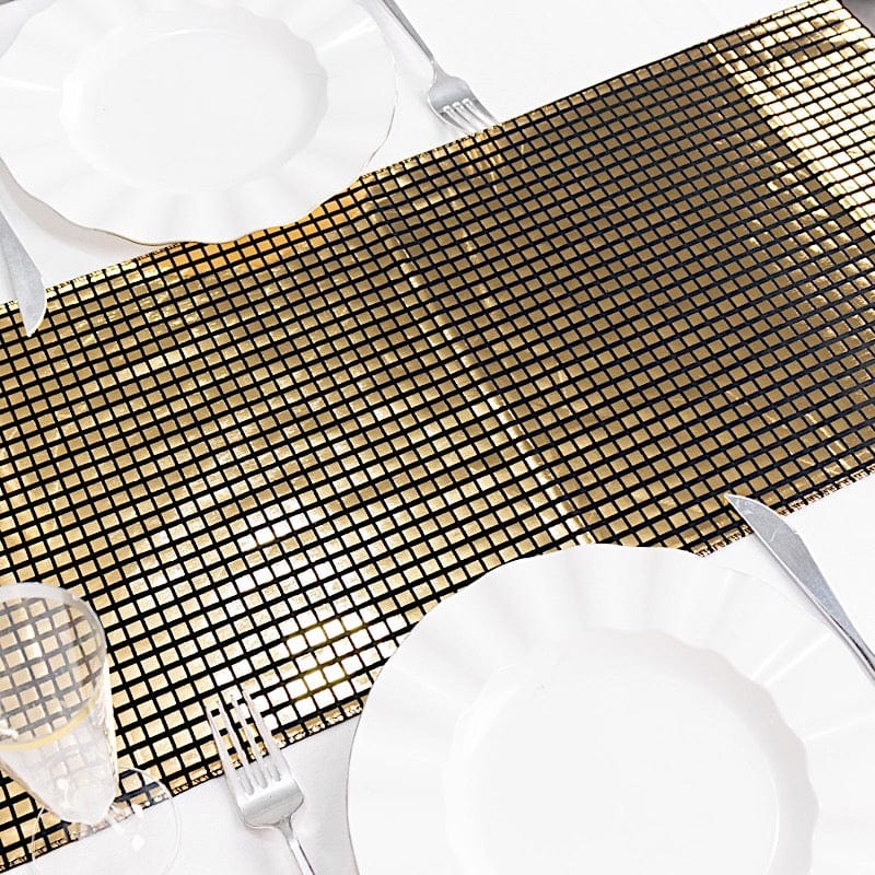 12" x 108" Shiny Foil Linen Table Runner Disco Mirror Ball Theme - Black and Gold RUN_25A_BLKGD