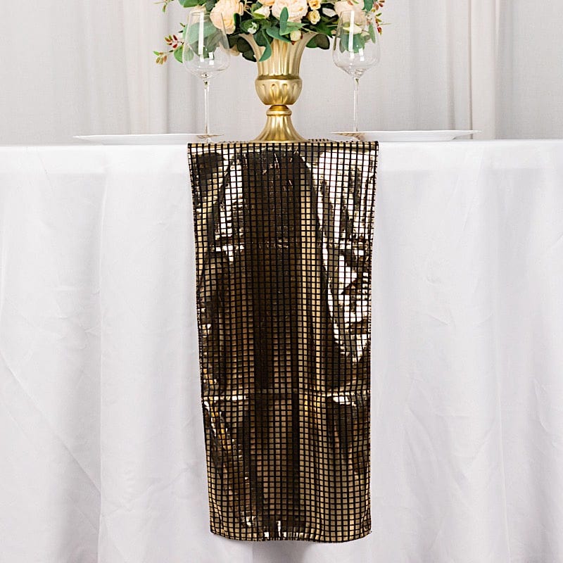 12" x 108" Shiny Foil Linen Table Runner Disco Mirror Ball Theme - Black and Gold RUN_25A_BLKGD