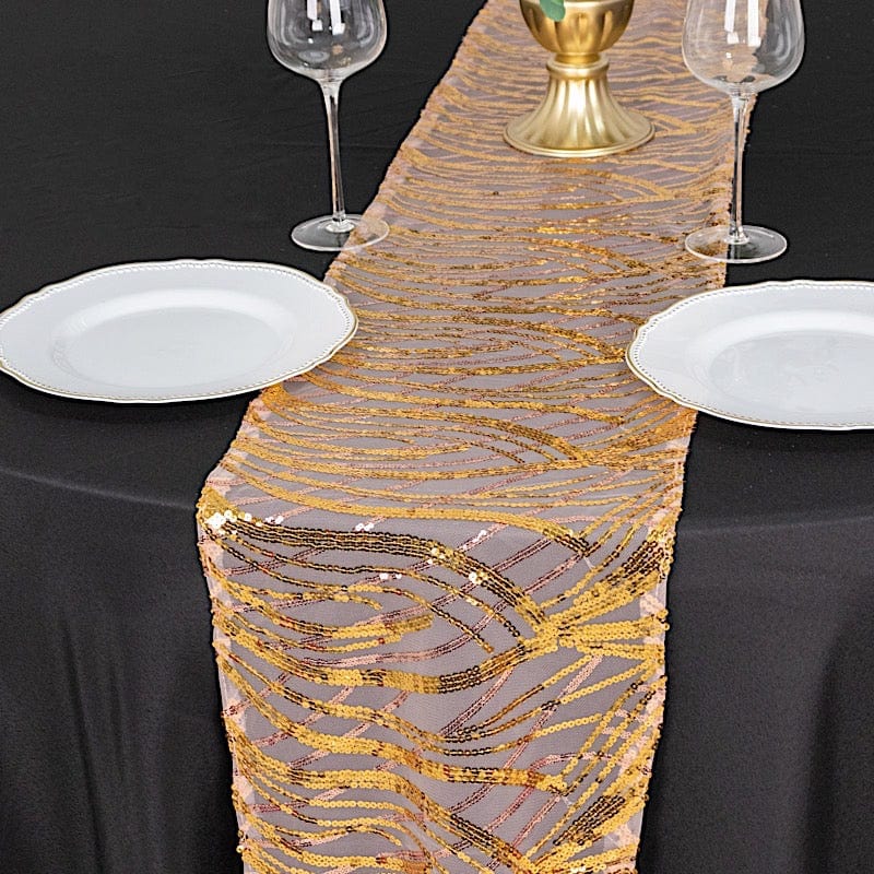 12"x108" Mesh Table Runner with Wavy Embroidered Sequins