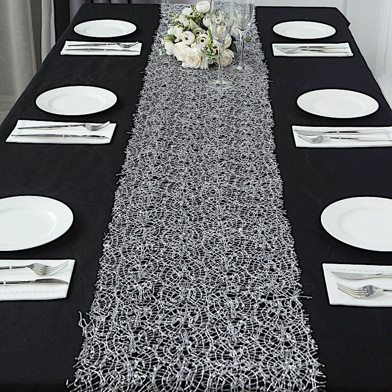 12"x108" Sequin Mesh Schiffli Lace Table Runner RUN_MET06_SILV
