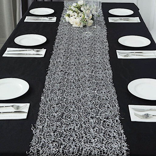 12"x108" Sequin Mesh Schiffli Lace Table Runner RUN_MET06_SILV