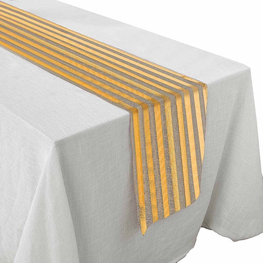 12"x108" Striped Faux Burlap Table Runner - Taupe and Gold RUN_JUTE03_STRP01_GOLD