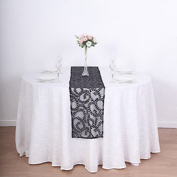 12"x108" Tulle Table Runner with Embroidered Leaves Vines Sequins