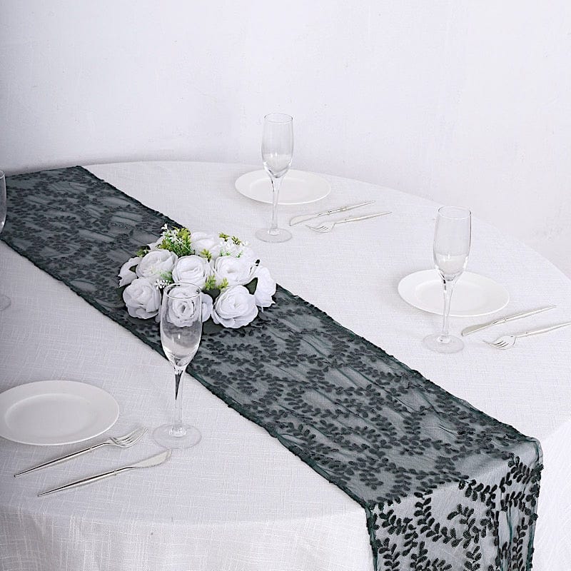 12"x108" Tulle Table Runner with Embroidered Leaves Vines Sequins