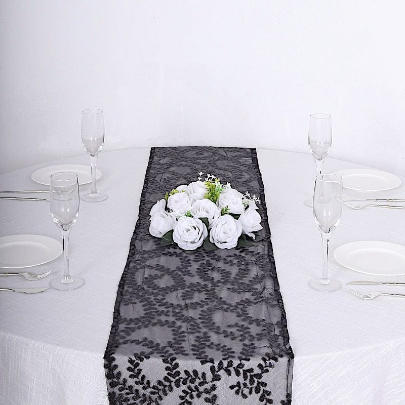 12"x108" Tulle Table Runner with Embroidered Leaves Vines Sequins
