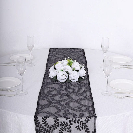 12"x108" Tulle Table Runner with Embroidered Leaves Vines Sequins