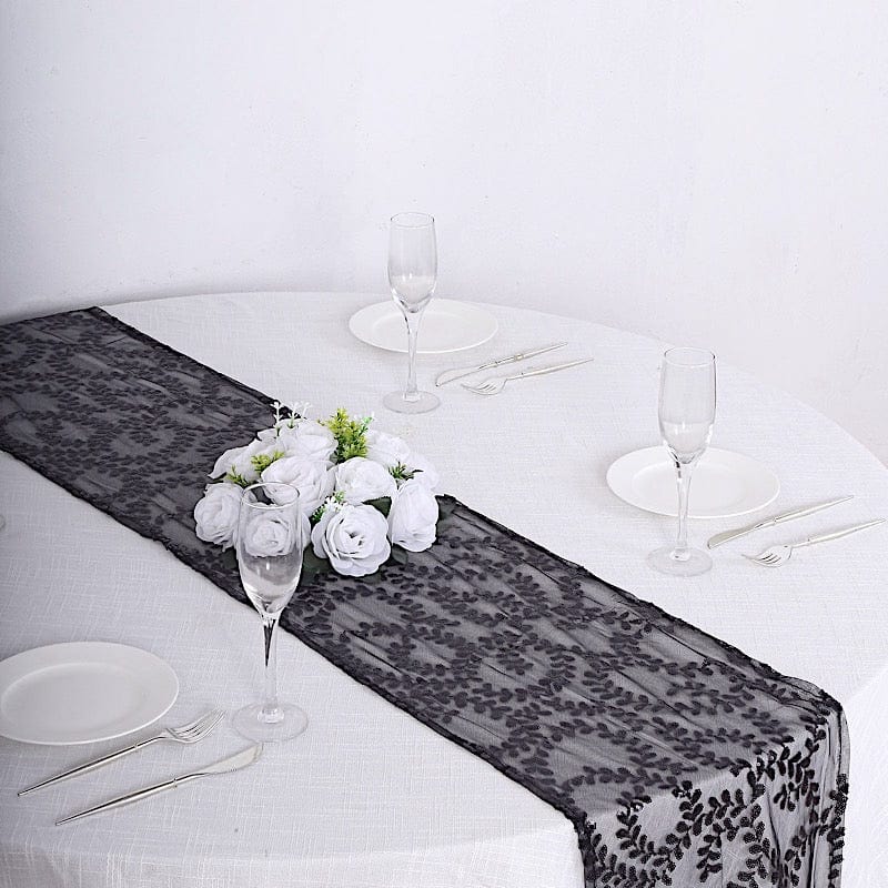 12"x108" Tulle Table Runner with Embroidered Leaves Vines Sequins