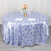 120" Chinoiserie Floral Print Seamless Satin Round Tablecloth - White and Blue TAB_STN_FLOR_120_BLUE