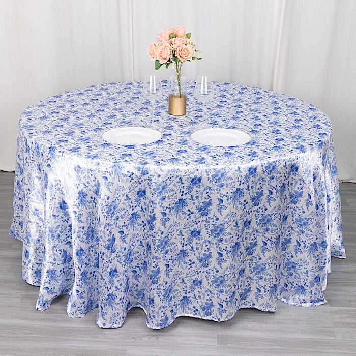 120" Chinoiserie Floral Print Seamless Satin Round Tablecloth - White and Blue TAB_STN_FLOR_120_BLUE