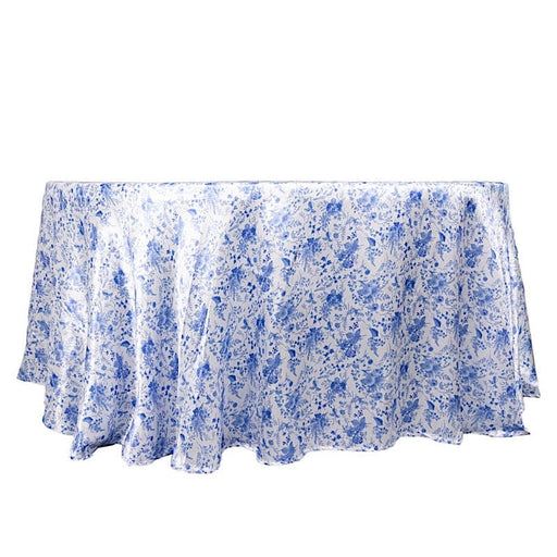 120" Chinoiserie Floral Print Seamless Satin Round Tablecloth - White and Blue TAB_STN_FLOR_120_BLUE