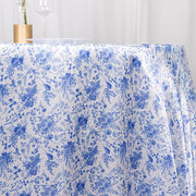 120" Chinoiserie Floral Print Seamless Satin Round Tablecloth - White and Blue TAB_STN_FLOR_120_BLUE