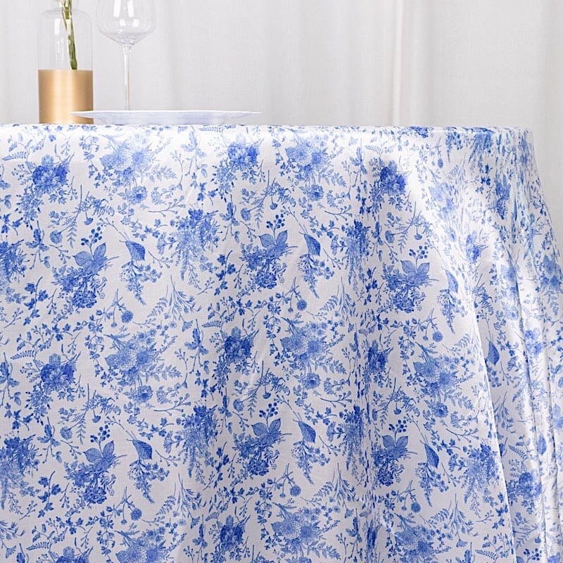 120" Chinoiserie Floral Print Seamless Satin Round Tablecloth - White and Blue TAB_STN_FLOR_120_BLUE