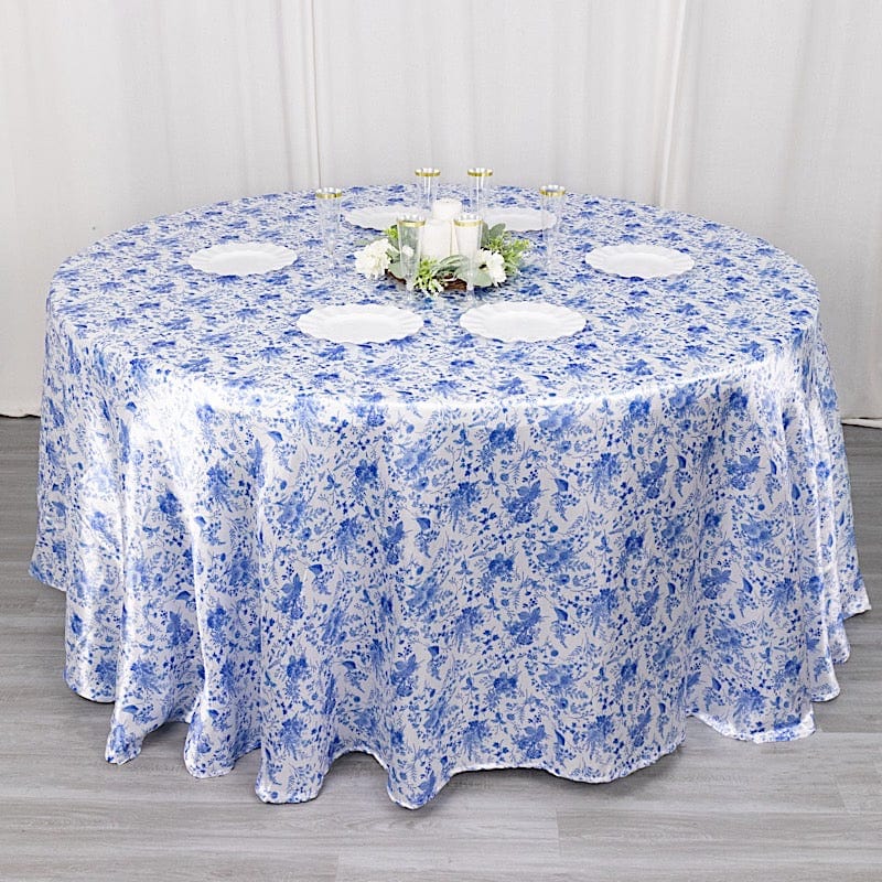 120" Chinoiserie Floral Print Seamless Satin Round Tablecloth - White and Blue TAB_STN_FLOR_120_BLUE