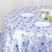 120" Chinoiserie Floral Print Seamless Satin Round Tablecloth - White and Blue TAB_STN_FLOR_120_BLUE
