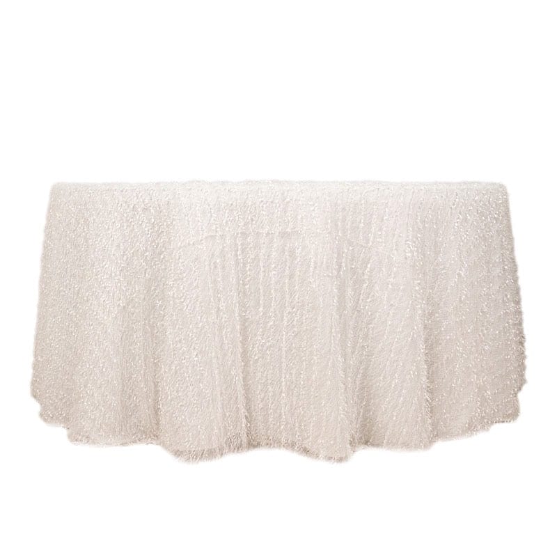 120" Fringe Shag Polyester Round Tablecloth TAB_STR02_120_WHT