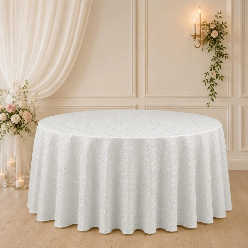 120" Jacquard Polyester Round Tablecloth with Diamond Trellis and Gold Accents