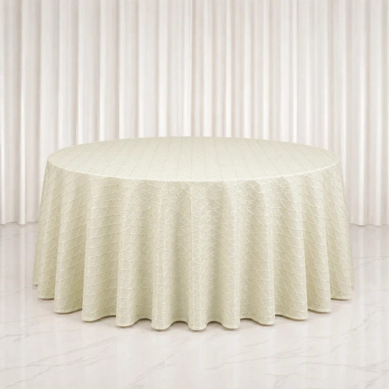 120" Jacquard Polyester Round Tablecloth with Diamond Trellis and Gold Accents