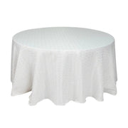 120" Jacquard Polyester Round Tablecloth with Diamond Trellis and Gold Accents TAB_JAC01_120_WHT