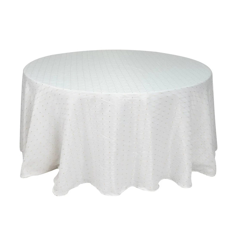 120" Jacquard Polyester Round Tablecloth with Diamond Trellis and Gold Accents TAB_JAC01_120_WHT