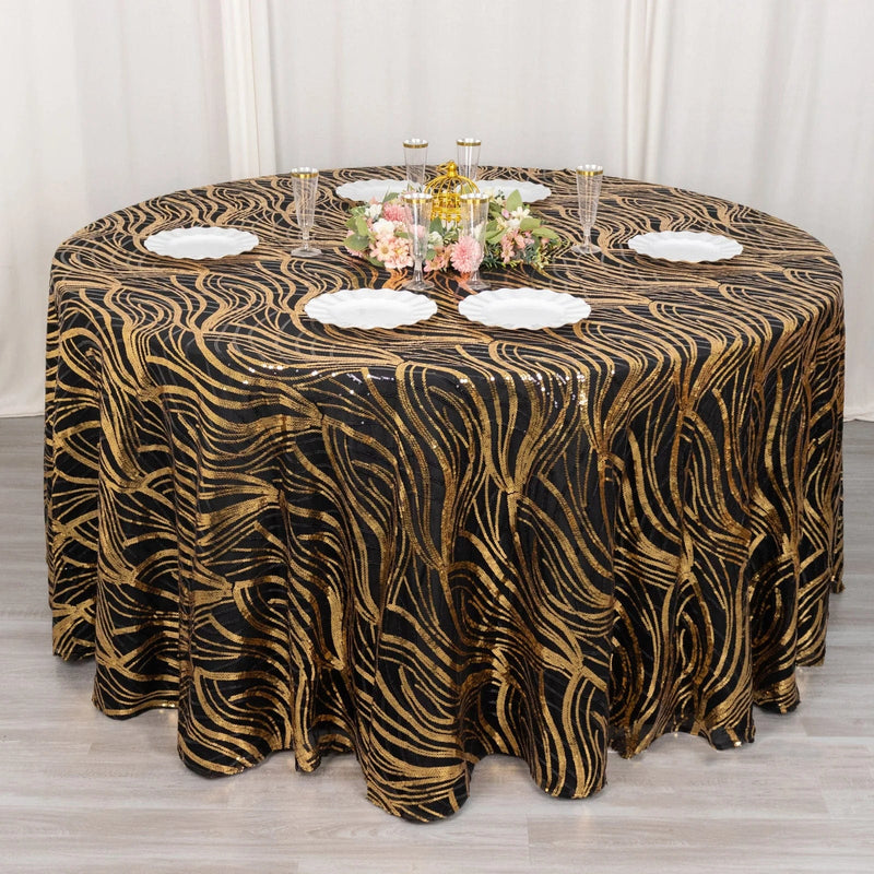 120" Mesh Round Tablecloth with Wavy Embroidered Sequins