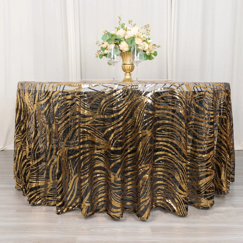 120" Mesh Round Tablecloth with Wavy Embroidered Sequins