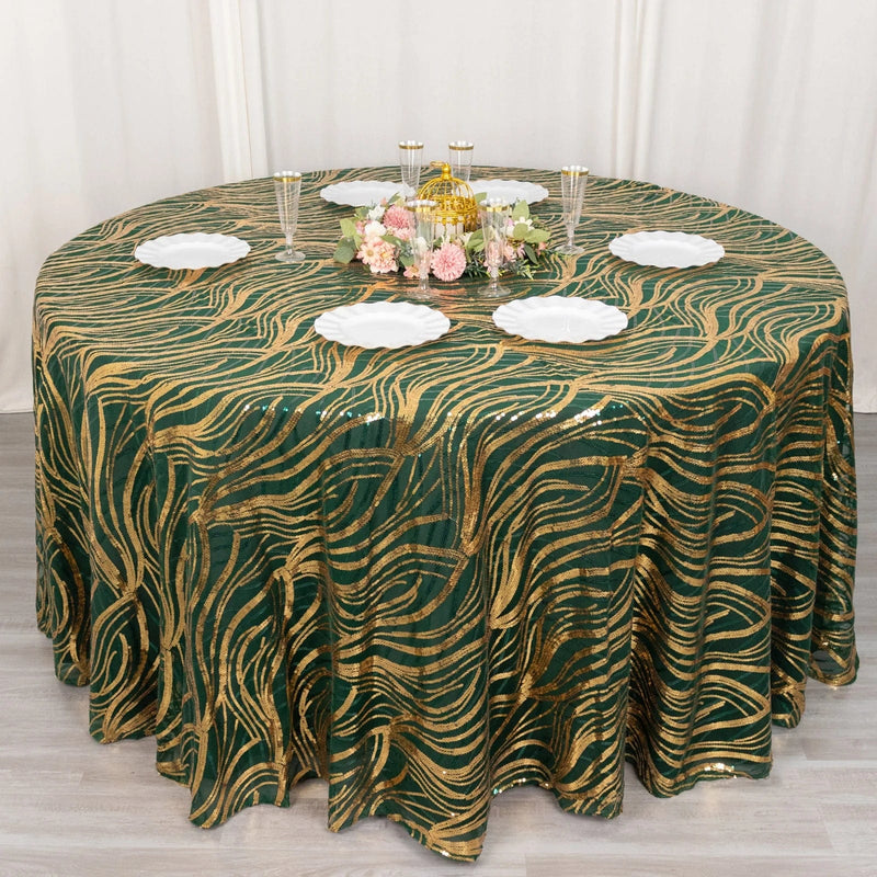 120" Mesh Round Tablecloth with Wavy Embroidered Sequins