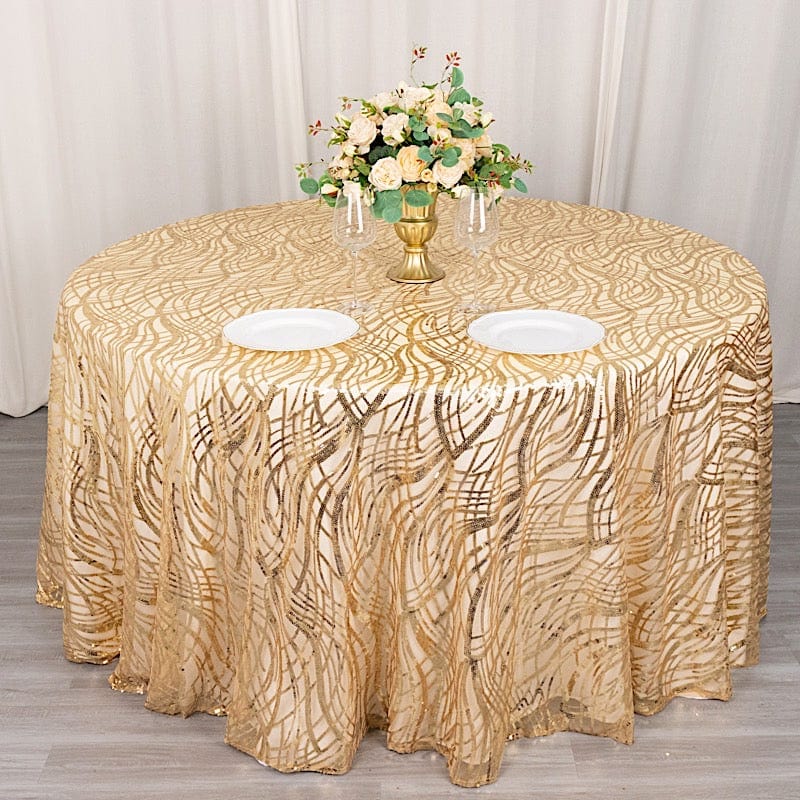 120" Mesh Round Tablecloth with Wavy Embroidered Sequins