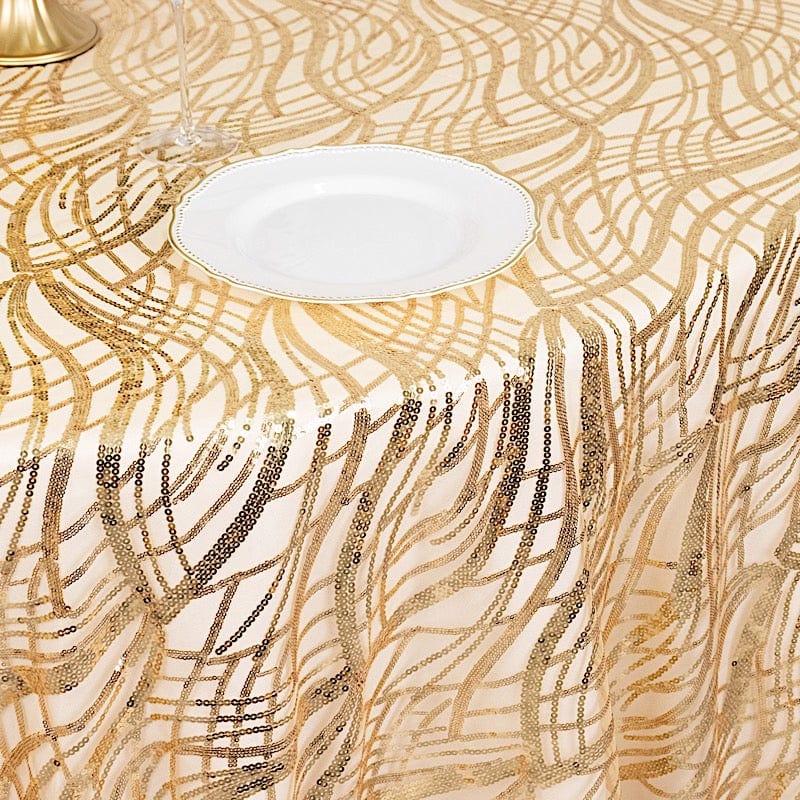 120" Mesh Round Tablecloth with Wavy Embroidered Sequins
