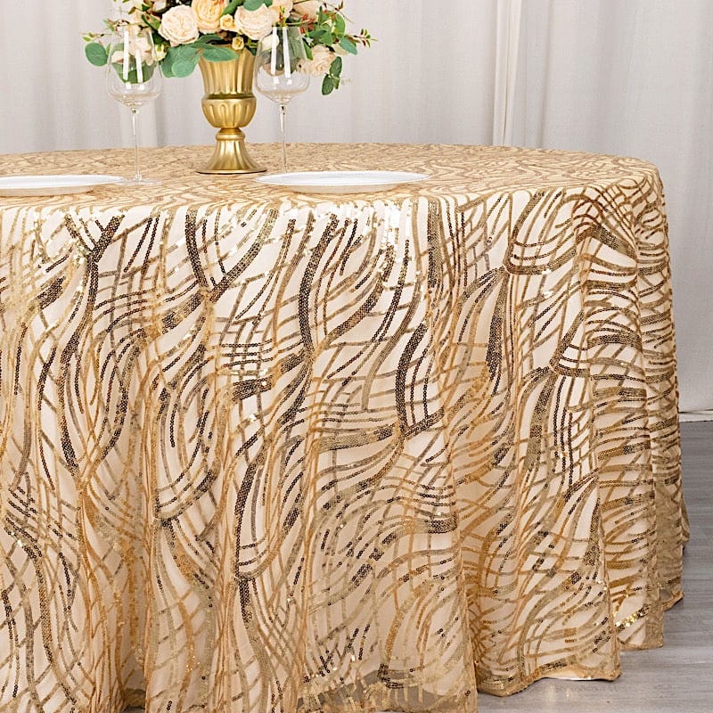 120" Mesh Round Tablecloth with Wavy Embroidered Sequins