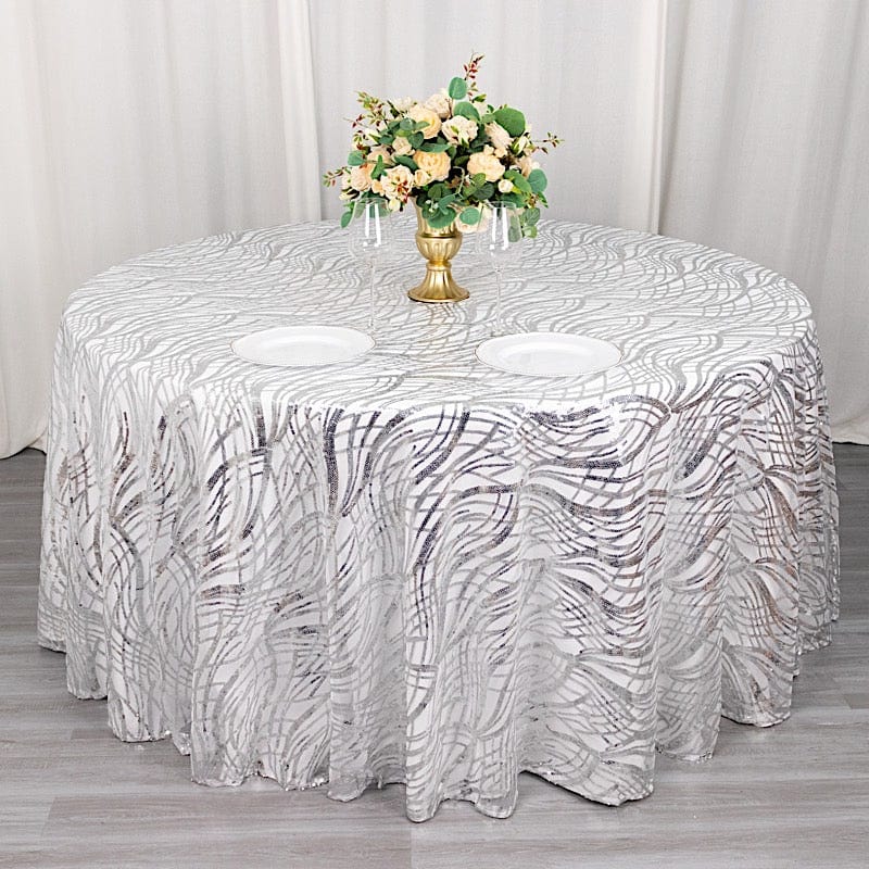 120" Mesh Round Tablecloth with Wavy Embroidered Sequins