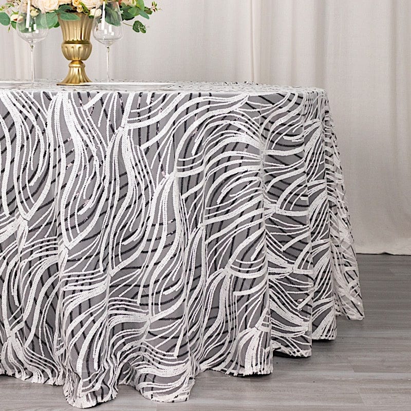 120" Mesh Round Tablecloth with Wavy Embroidered Sequins