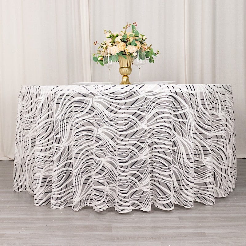 120" Mesh Round Tablecloth with Wavy Embroidered Sequins
