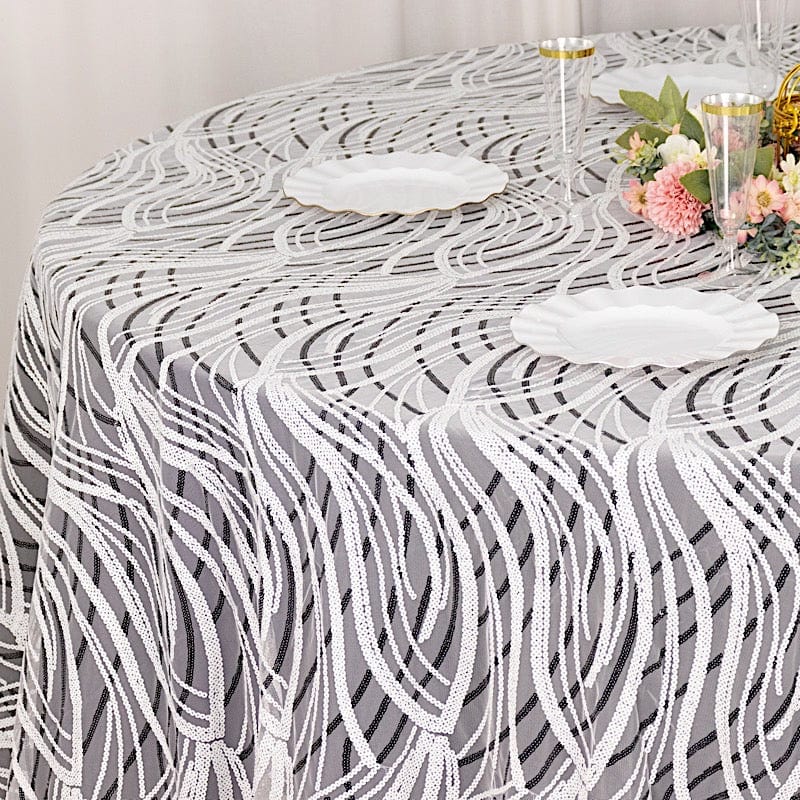 120" Mesh Round Tablecloth with Wavy Embroidered Sequins