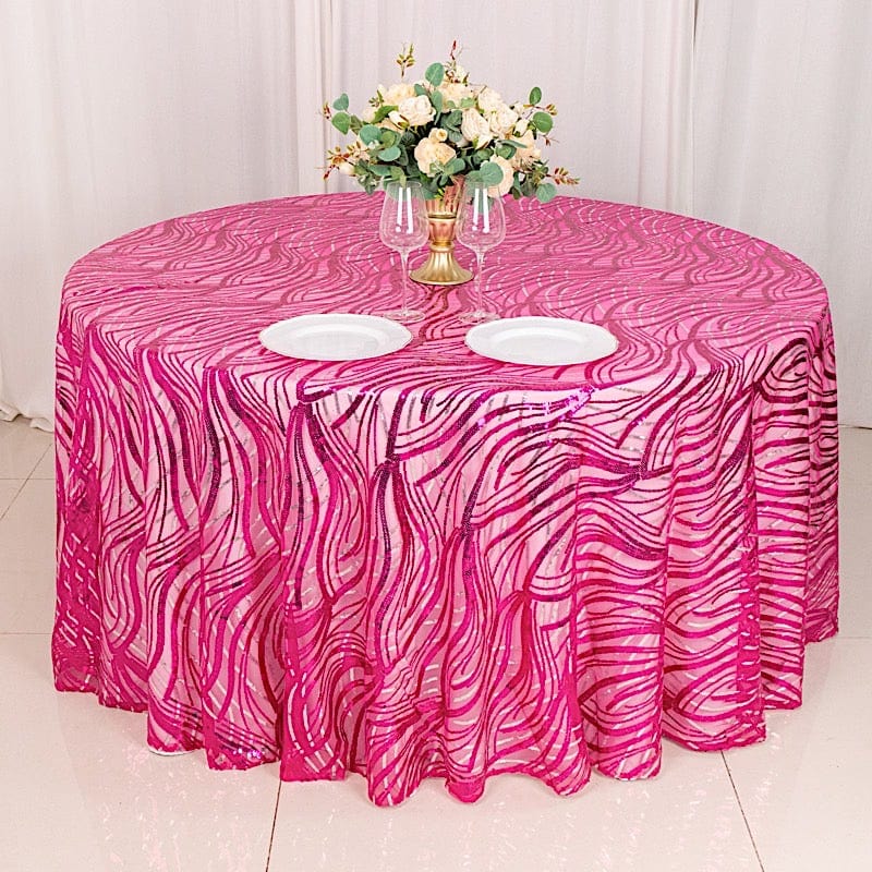 120" Mesh Round Tablecloth with Wavy Embroidered Sequins