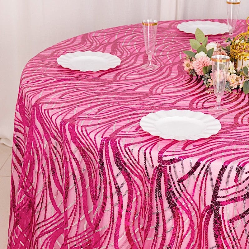120" Mesh Round Tablecloth with Wavy Embroidered Sequins