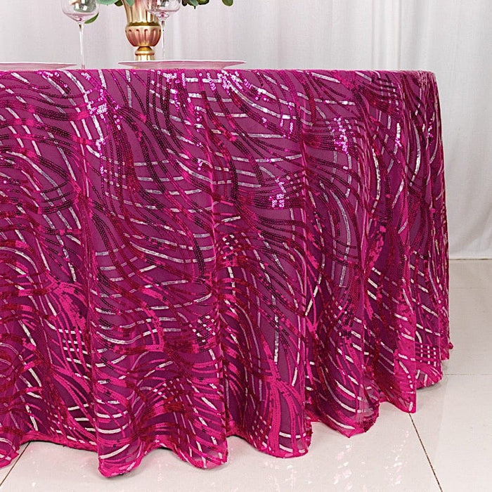 120" Mesh Round Tablecloth with Wavy Embroidered Sequins