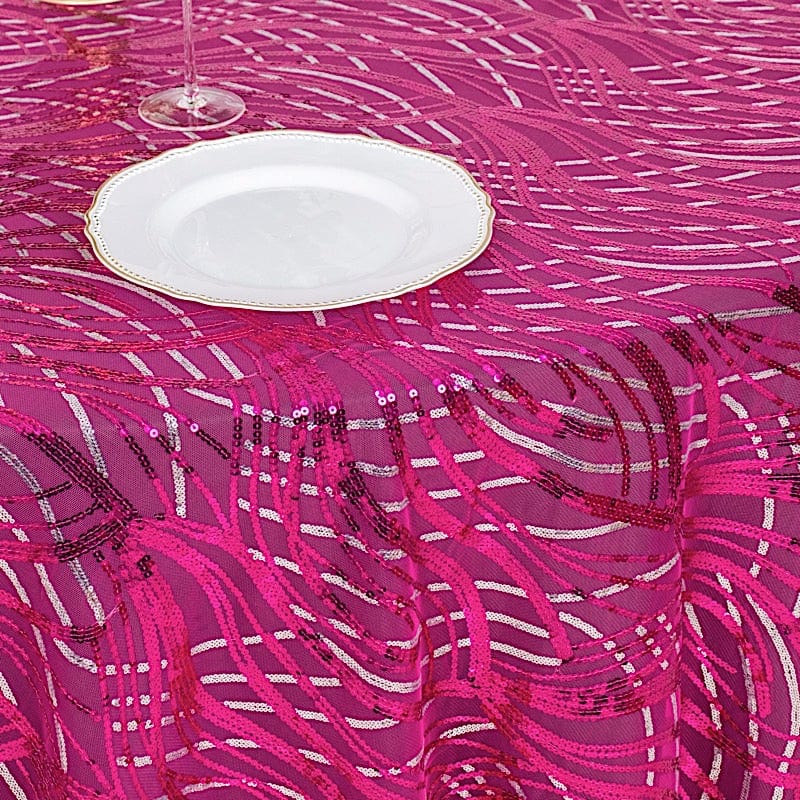 120" Mesh Round Tablecloth with Wavy Embroidered Sequins