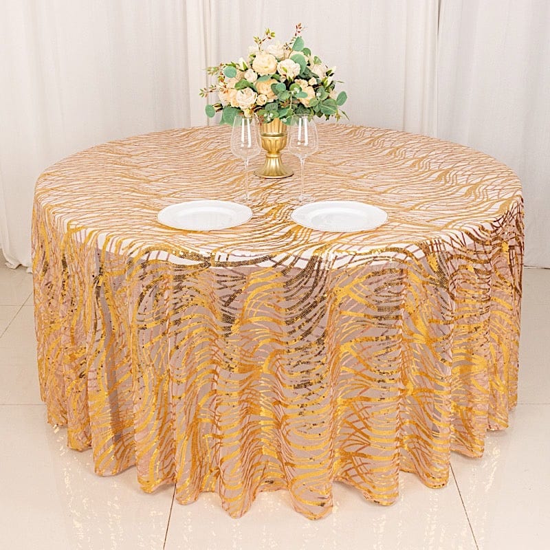 120" Mesh Round Tablecloth with Wavy Embroidered Sequins