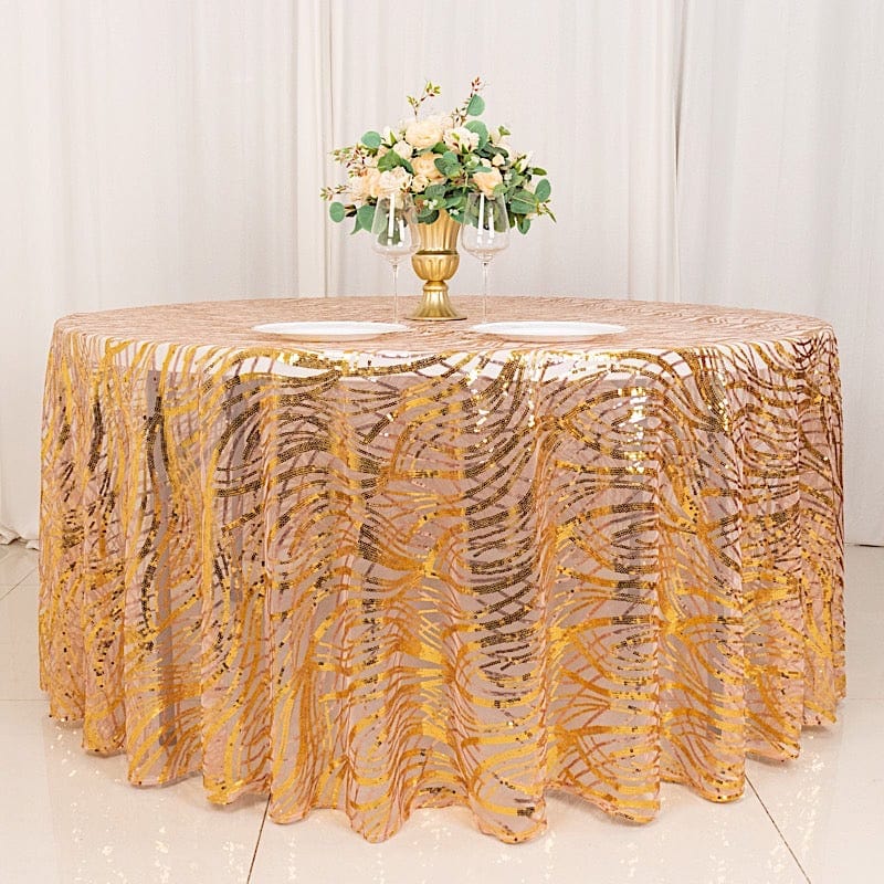 120" Mesh Round Tablecloth with Wavy Embroidered Sequins