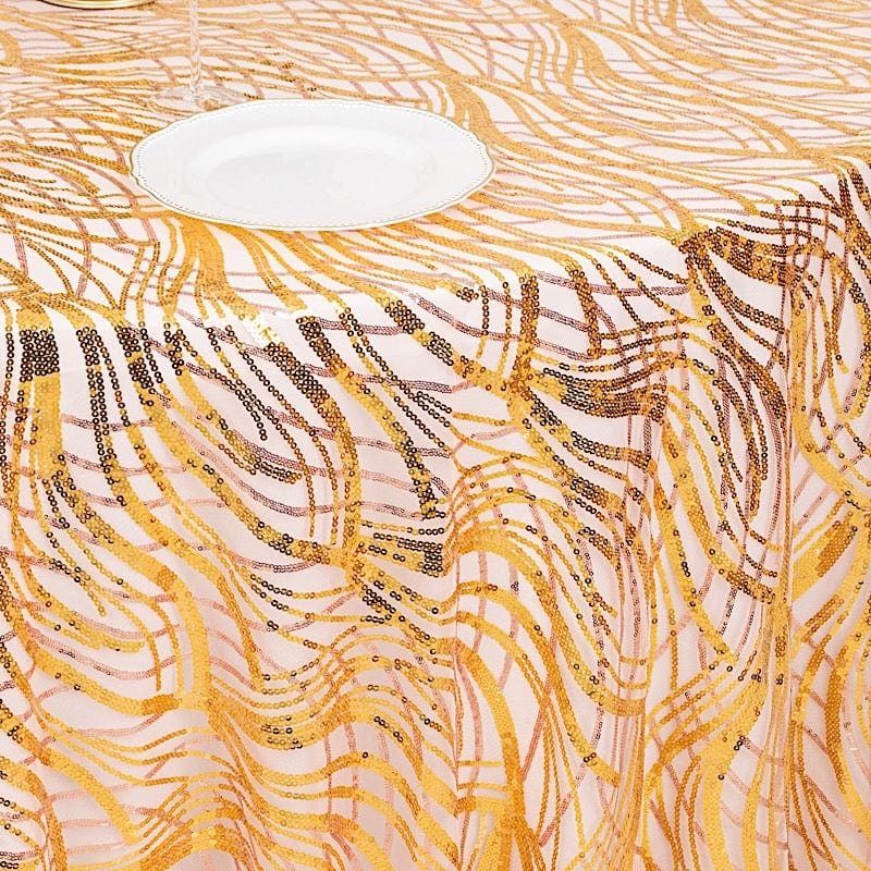 120" Mesh Round Tablecloth with Wavy Embroidered Sequins