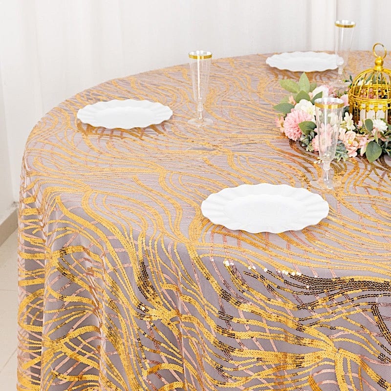 120" Mesh Round Tablecloth with Wavy Embroidered Sequins