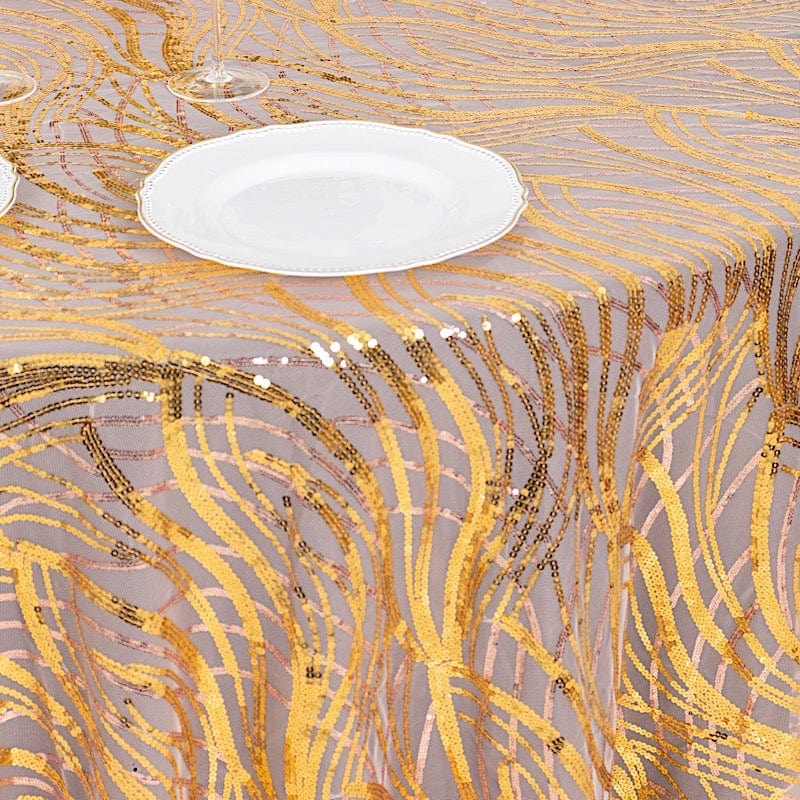 120" Mesh Round Tablecloth with Wavy Embroidered Sequins