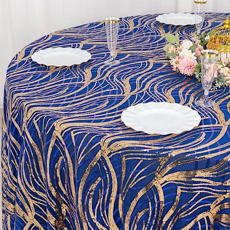 120" Mesh Round Tablecloth with Wavy Embroidered Sequins