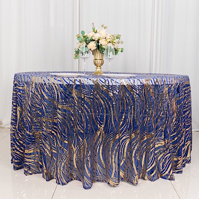 120" Mesh Round Tablecloth with Wavy Embroidered Sequins