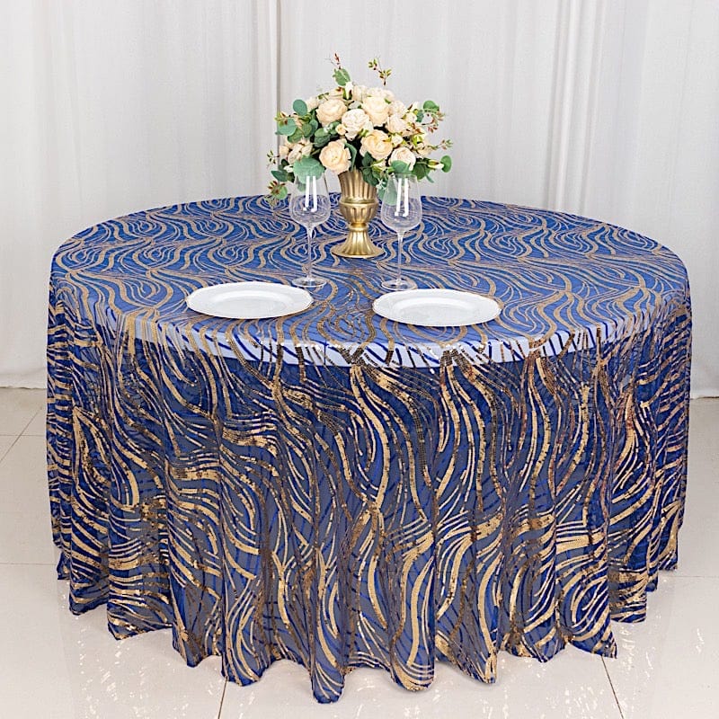 120" Mesh Round Tablecloth with Wavy Embroidered Sequins